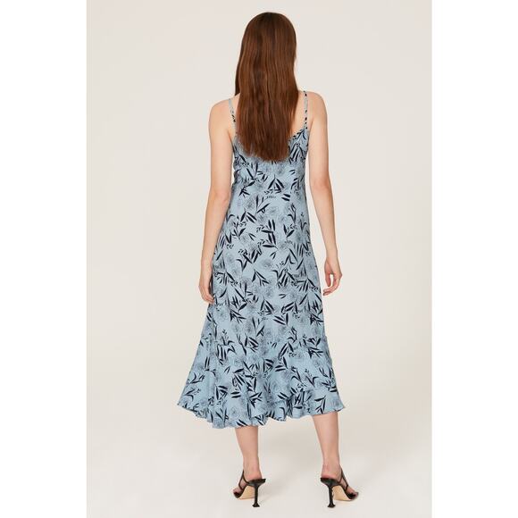 THANKOON COLLECTIVE Blue Shift V-Neck Floral Leaf Print Midi Dress Size 14 - Picture 2 of 12